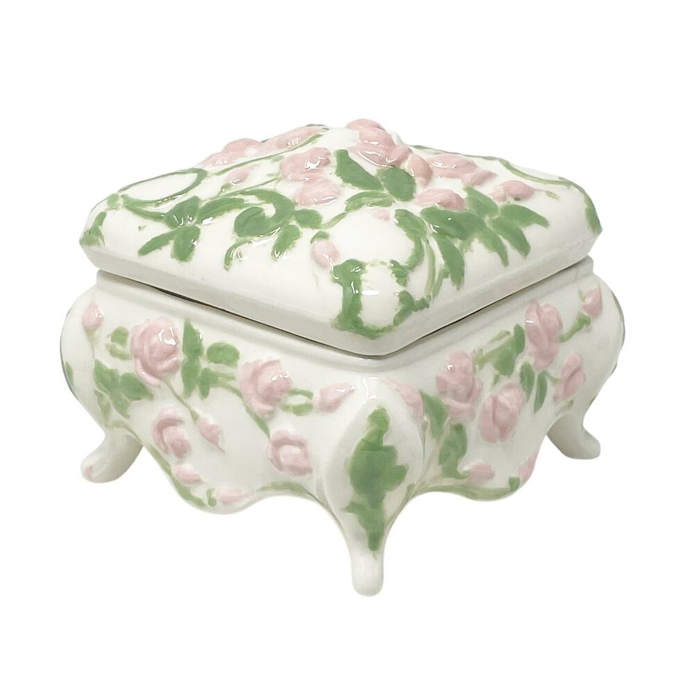 Vintage‎ Ceramic Footed Trinket Box Hand Painted Pink Flowers Leaves Vines 1987